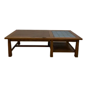 Ranch Oak Coffee Table Rectangle With Blue Tile Top