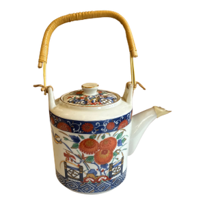 Vintage Asian Style Ceramic Teapot With Wicker Handle