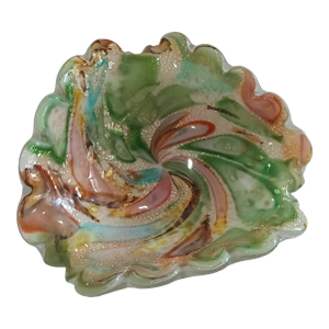 Vintage Murano Attributed Ribbon Swirl Glass Ashtray, Silver Leaf, Lattimo Base Italian Glass Art Bowl