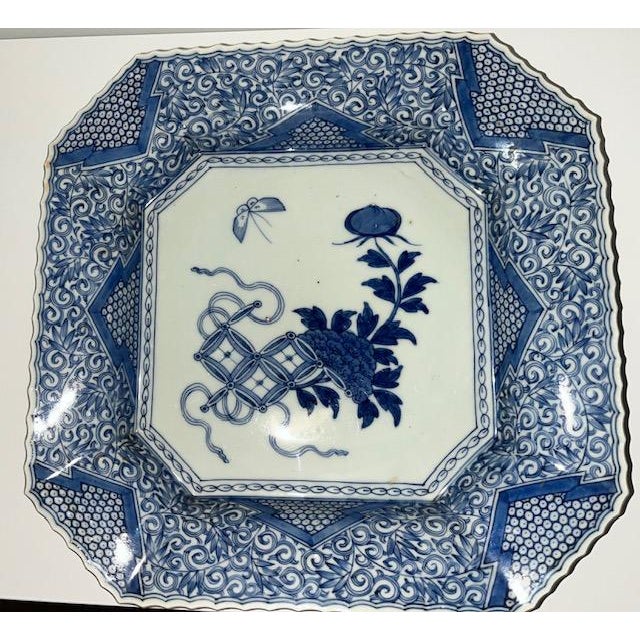 Antique Japanese Octagonal Blue and White Porcelain Plate With Butterly and Floral Design For Sale - Image 17 of 18