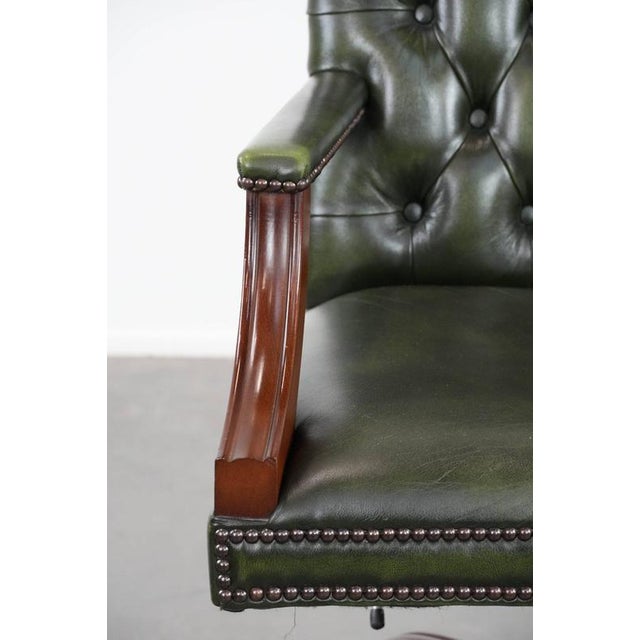 English Style Dark Green Cowhide and Wooden Chesterfield Swivel Desk Chair For Sale - Image 11 of 18