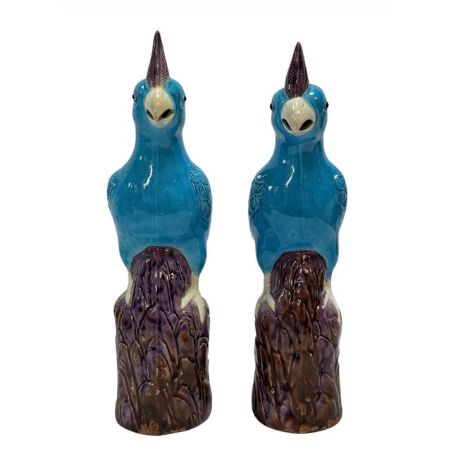 Chinoiserie Vintage Chinoiserie Turquoise and Purple Glazed Parrot or Cockatoo Sculptures For Sale - Image 3 of 7