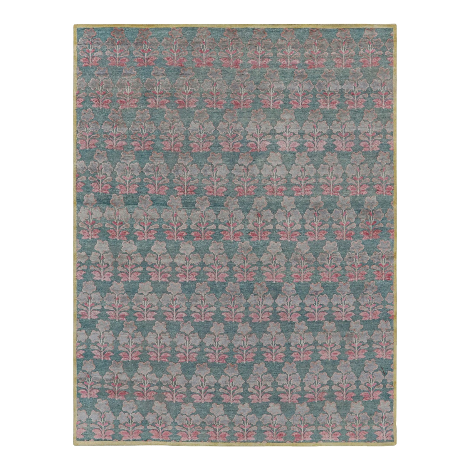 Rug & Kilim’s Block Print Rug Design with Pink and Green Floral Pattern ...