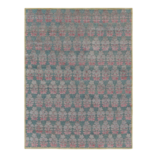 Rug & Kilim’s Block Print Rug Design with Pink and Green Floral Pattern - 3x5 For Sale
