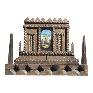 Antique Tramp Art Hand Carved Mantel Frame With Cabin Painting (Mixed Media) For Sale