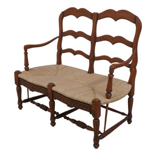 Vintage Ladderback French Country Rush Seat Bench For Sale