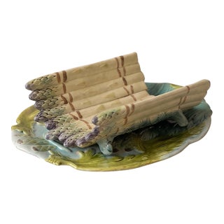 Antique Majolica Asparagus Server Set, Ceramic Drainer & Platter, French Country Kitchen, Green Glaze Serving Dish For Sale