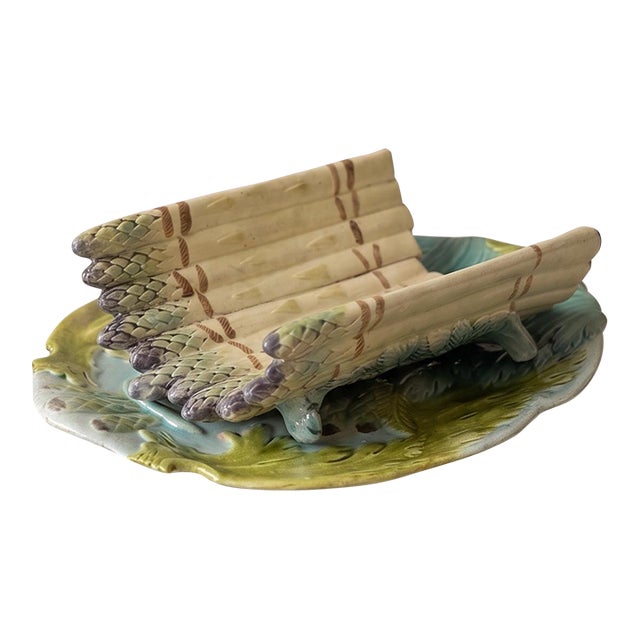 Antique Majolica Asparagus Server Set, Ceramic Drainer & Platter, French Country Kitchen, Green Glaze Serving Dish For Sale