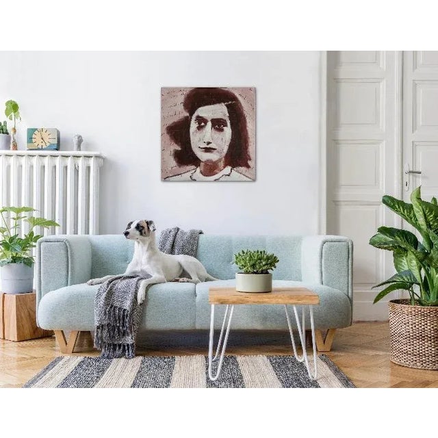 Modern Portraiture Anne Frank, Sepia Portrait (24″×24″, Original Oil on Canvas) For Sale - Image 4 of 7