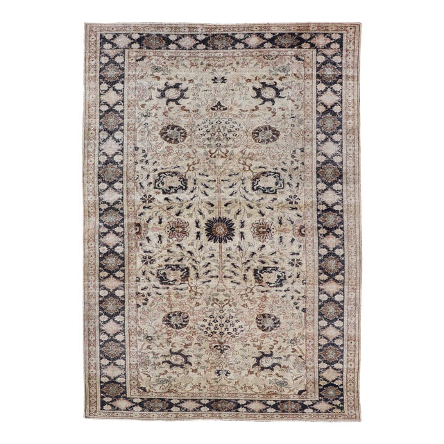 Vintage Turkish Sivas Rug With Intricate Floral Patterns in Ivory, Navy, and Brown 6'2"x9'4" For Sale