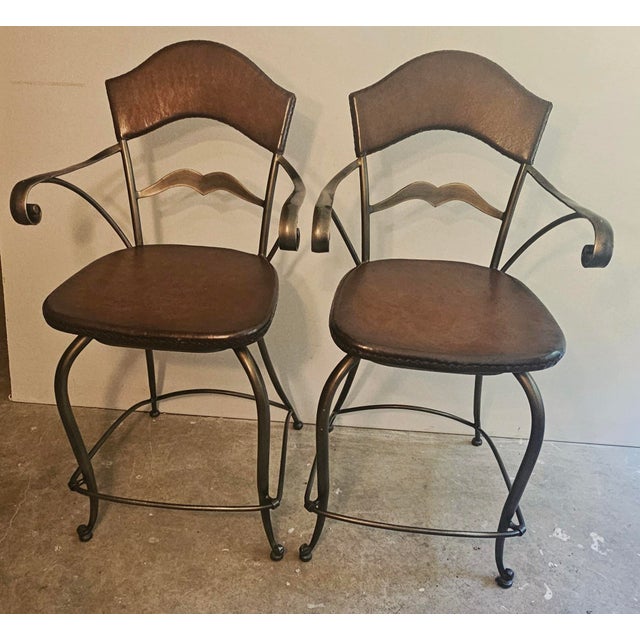 Campaign Late 20th Century A Perfect Pair of Swivel Maynard Leather and Brass Bar/Counter Stools For Sale - Image 3 of 4