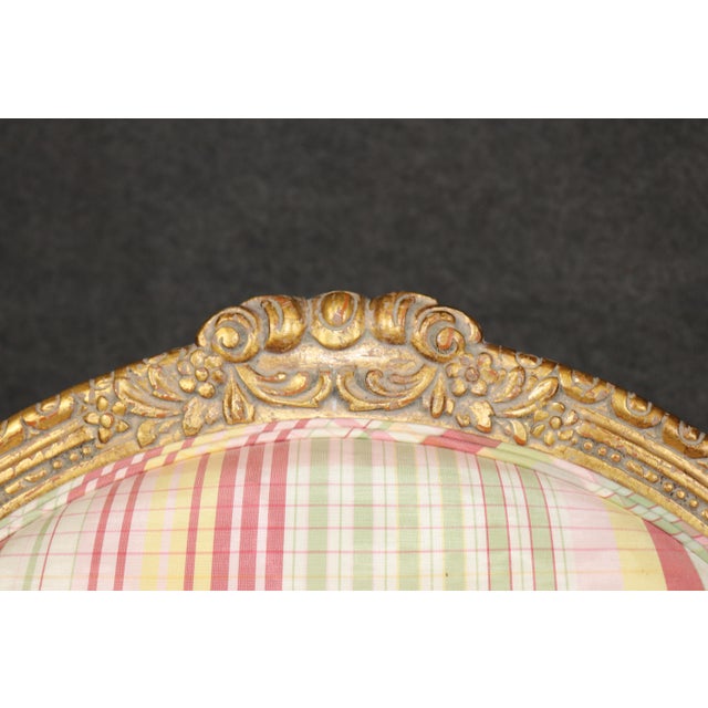 Cream Pair of Louis XVI Style Gilt Carved Arm Chairs With Plaid Upholstery For Sale - Image 8 of 15
