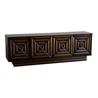 1960s Brutalist Walnut Credenza With Carved Diamond Design For Sale
