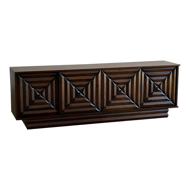 1960s Brutalist Walnut Credenza With Carved Diamond Design For Sale