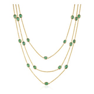 Bohemian Chic 5.15ct Emerald Station Multi-Strand Necklace in 14k Yellow Gold For Sale