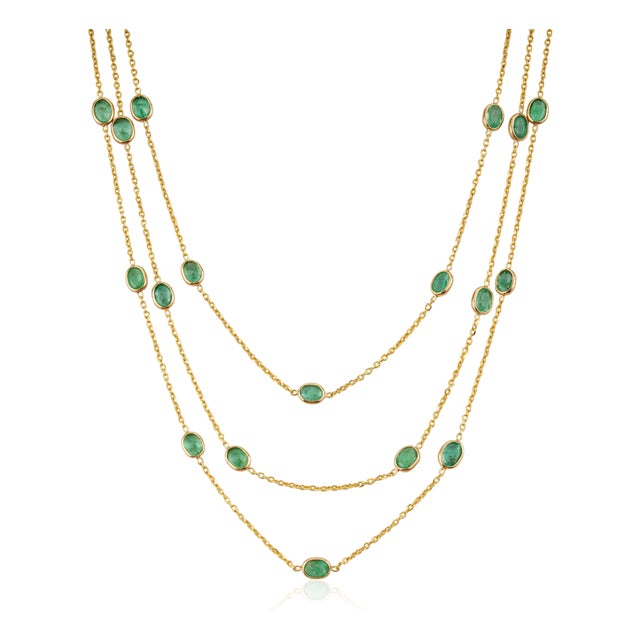 Bohemian Chic 5.15ct Emerald Station Multi-Strand Necklace in 14k Yellow Gold For Sale