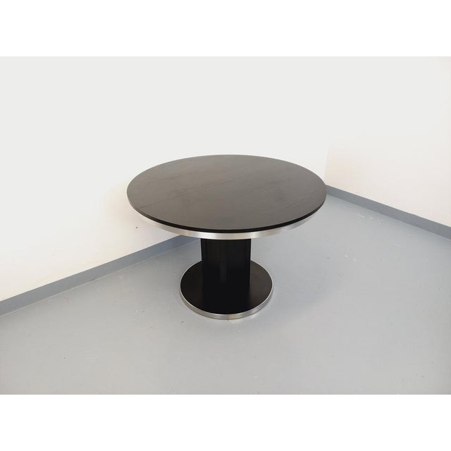 Vintage Round Dining Table in Black Wood-Effect Melamine and Chrome Metal, Space Age/1970s Style, with Integrated Extension For Sale - Image 4 of 18