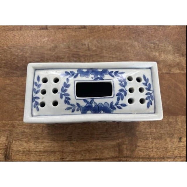 Ceramic Vintage Mid Twentieth Century Delft Style Blue and White Flower Frog With Animal Motif For Sale - Image 7 of 7