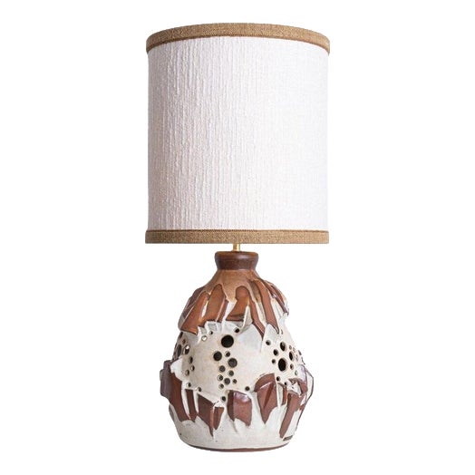 White Brique Ceramic Floor Table Lamp with Silk Lampshade attributed to R. Houben, 1970s For Sale