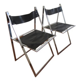 Vintage Folding Chairs in Chrome-Plating with Leather from Lübke, 1970s, Set of 2 For Sale