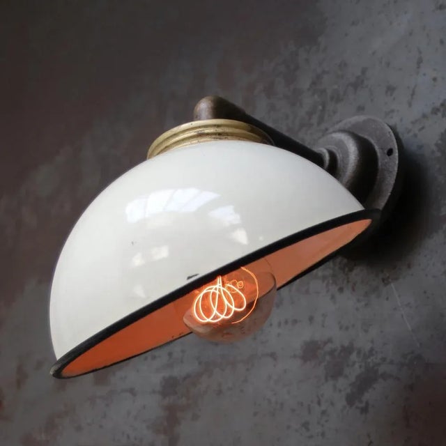 Mid-Century Modern Vintage Industrial White Enamel & Cast Iron Factory Sconces For Sale - Image 3 of 7