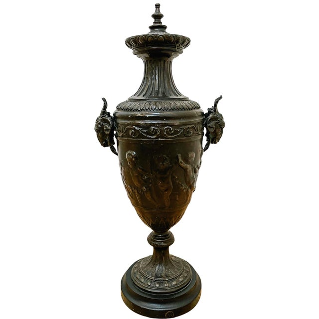 Black 1940 French Black Spelter Ram Head Handles Urn For Sale - Image 8 of 8