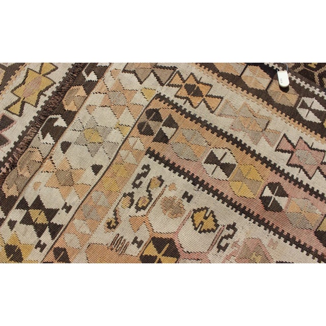Mid 20th Century Mid 20th Century Vintage Turkish Kilim Gallery Rug With Tribal Design in Brown Pink and Yellow For Sale - Image 12 of 13
