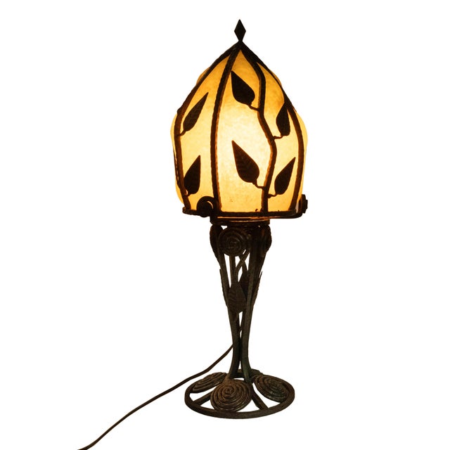Large Antique French Art Deco Daum Glass & Edgar Brandt Iron Table Lamp 1920s For Sale - Image 9 of 14