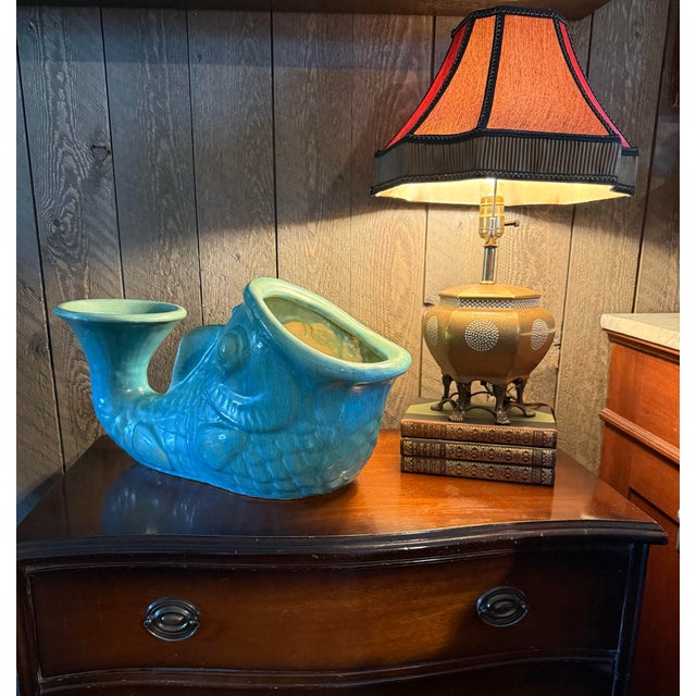 Mid-Century Modern Large-Scale Vintage Turquoise Glazed Fish Planter / Sculptural Coastal Vessel – 20” For Sale - Image 3 of 8
