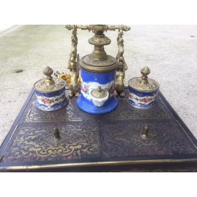 19th Century Brass Inlaid Inkwell Converted to Lamp , custom Shade Included 12" Deep 12" Wide 20" H