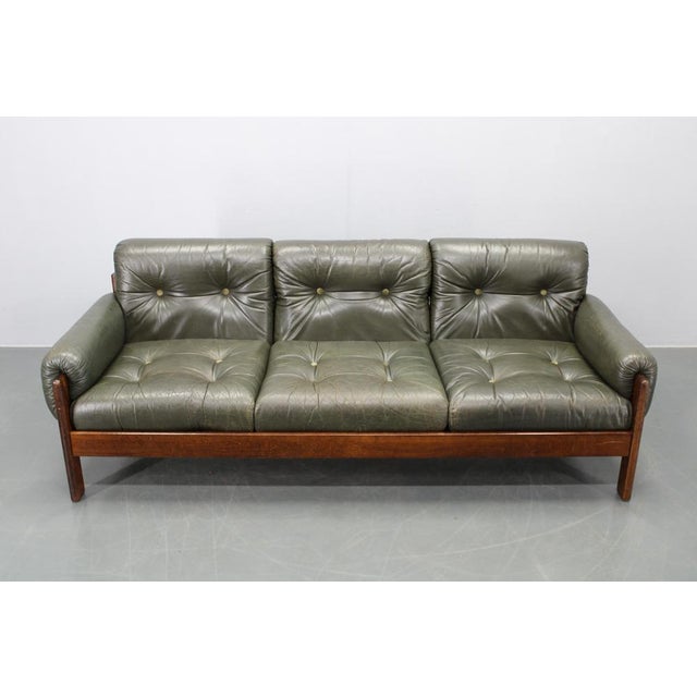 Mid-Century Green Leather Sofa, Czechoslovakia, 1970s For Sale - Image 3 of 18