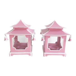 Pair of Pink Pagoda Candle Lanterns With White Stripe Detail With Bells For Sale