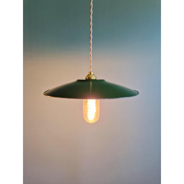 Industrial Pendant Light in Green Enameled Sheet Metal, 1940s, Set of 2 For Sale - Image 4 of 15