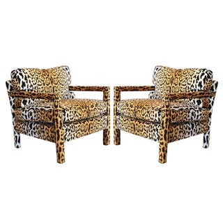 Pair of Leopard Parson Chairs in the Style of Milo Baughman, Custom