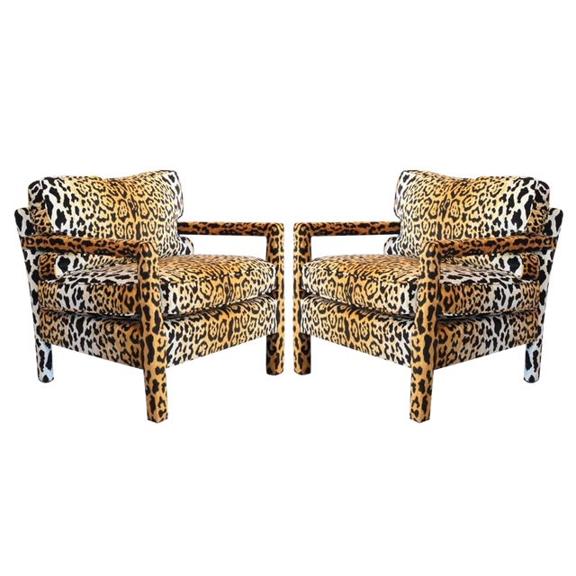 Pair of Leopard Parson Chairs in the Style of Milo Baughman, Custom For Sale