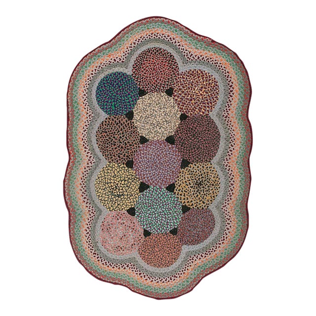 Beautifuly Soft Multi Color Ground With Colorful Circles Oval Antique American Braided Rug For Sale