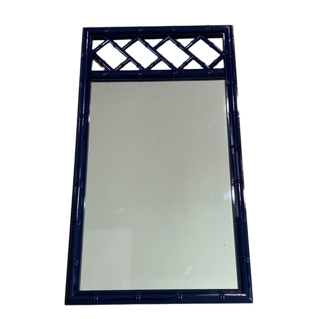 Dixie Furniture Co. Vintage Faux Bamboo Navy Blue Chinoiserie Chippendale Palm Beach Wall Mirrors Pair For Sale - Image 4 of 9