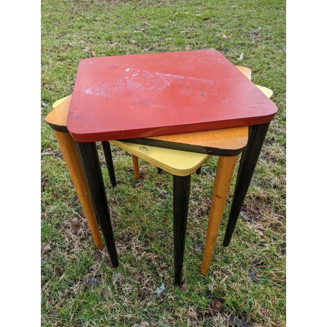 Mid-Century Modern 1950s Francis Hosken Painted Yellow & Red with Black Wood Stacking Tables - Set of 3 For Sale - Image 3 of 10