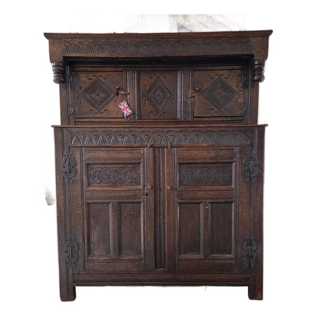 English 17th-Century Carved Oak Court Cupboard For Sale