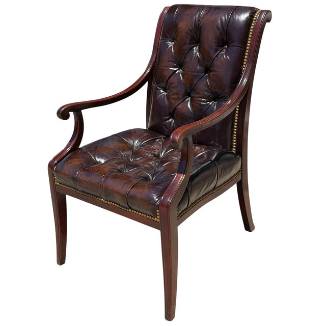 Regency Style English Tufted Leather Mahogany Arm Chair - 1 of 2 For Sale - Image 4 of 5