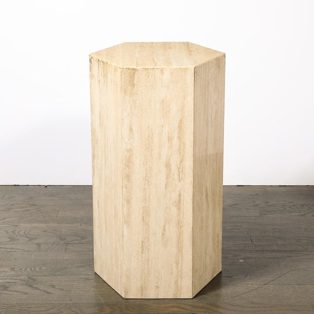 Beige Pair of Mid-Century Modernist Hexagonal Travertine Pedestals For Sale - Image 8 of 18