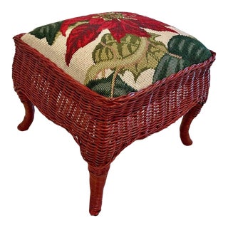 Vintage Handcrafted Wicker Footstool With Poinsettia Needlepoint Fabric For Sale