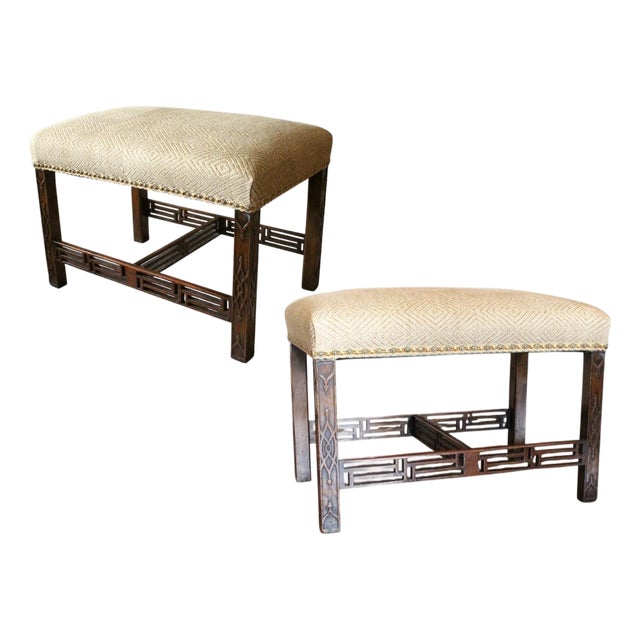 Pair of Georgian Period Chinese Chippendale Fretwork Legged Benches For Sale