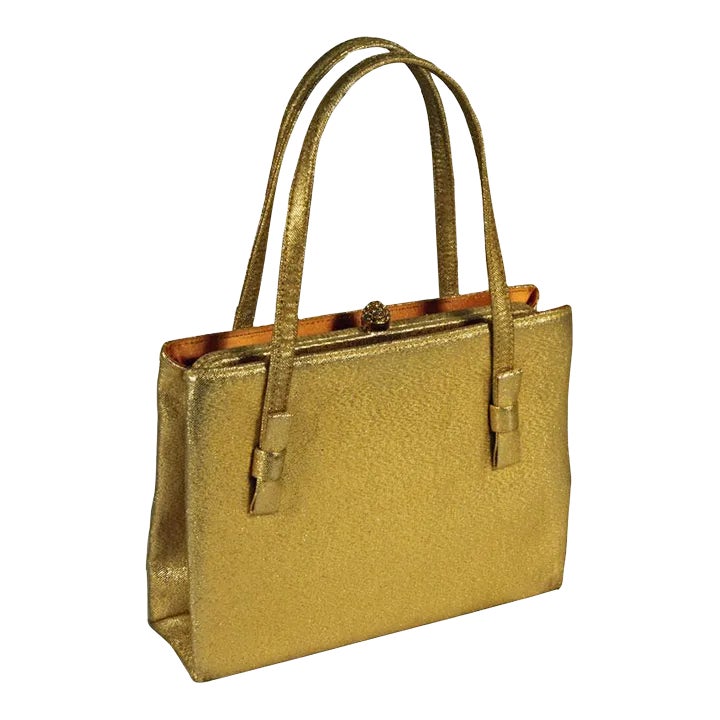 Pochette Vintage Années 50 à Sequins Dorés - Avec Fermoir Pression, Anse Perlée, Parfaite Pour Soirée