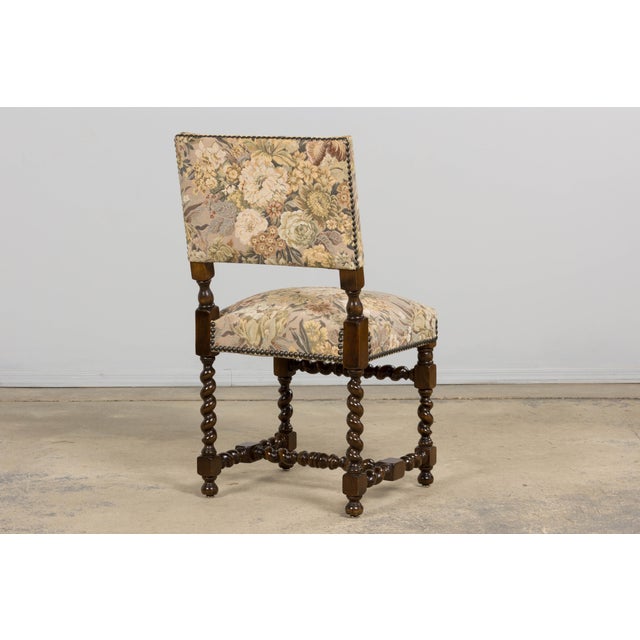 French Louis XIII Style Oak Barley Twist Dining Chairs W/ Floral Tapestry - Set of 8 For Sale - Image 11 of 18