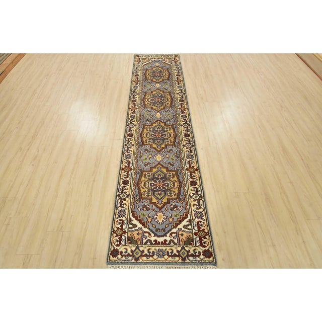 Tribal Heriz Runner 2’6” X 9’9” Blue Wool Tribal Hand-Knotted Oriental Carpet For Sale - Image 3 of 12