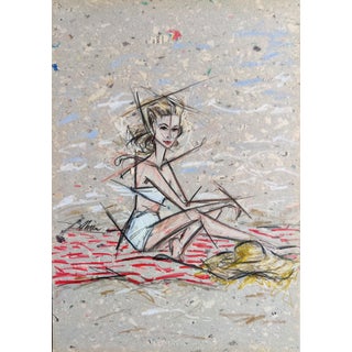 Contemporary Portrait of Grace Kelly in White Swimsuit Color Pencil Drawing by Shirin Godhrawala For Sale