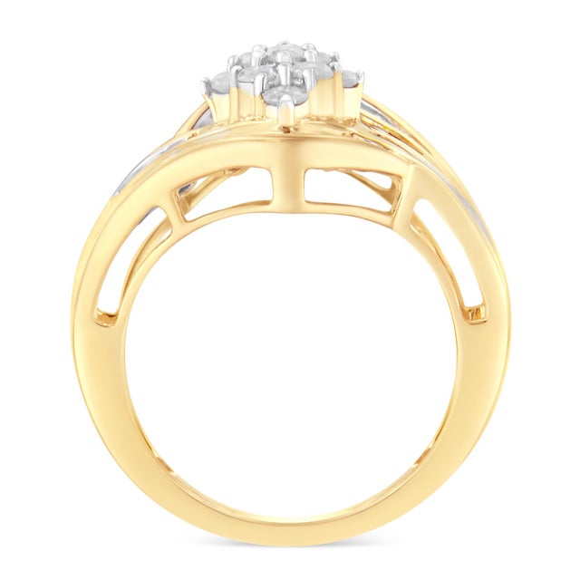 Amuse your lady love with this eye-catching diamond fashion ring. Fashioned in a unique design and crafted of 10k yellow...
