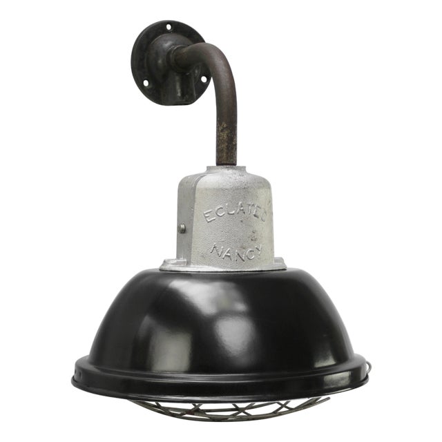 Vintage Industrial French Black Enamel Factory Wall Light For Sale