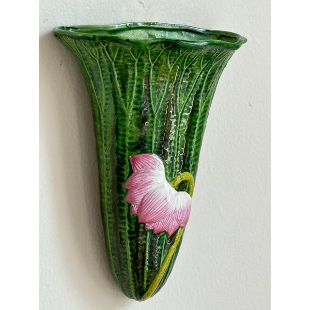 1950s Japanese Lotus Flower Ceramic Majolica Wall Pocket For Sale - Image 4 of 11